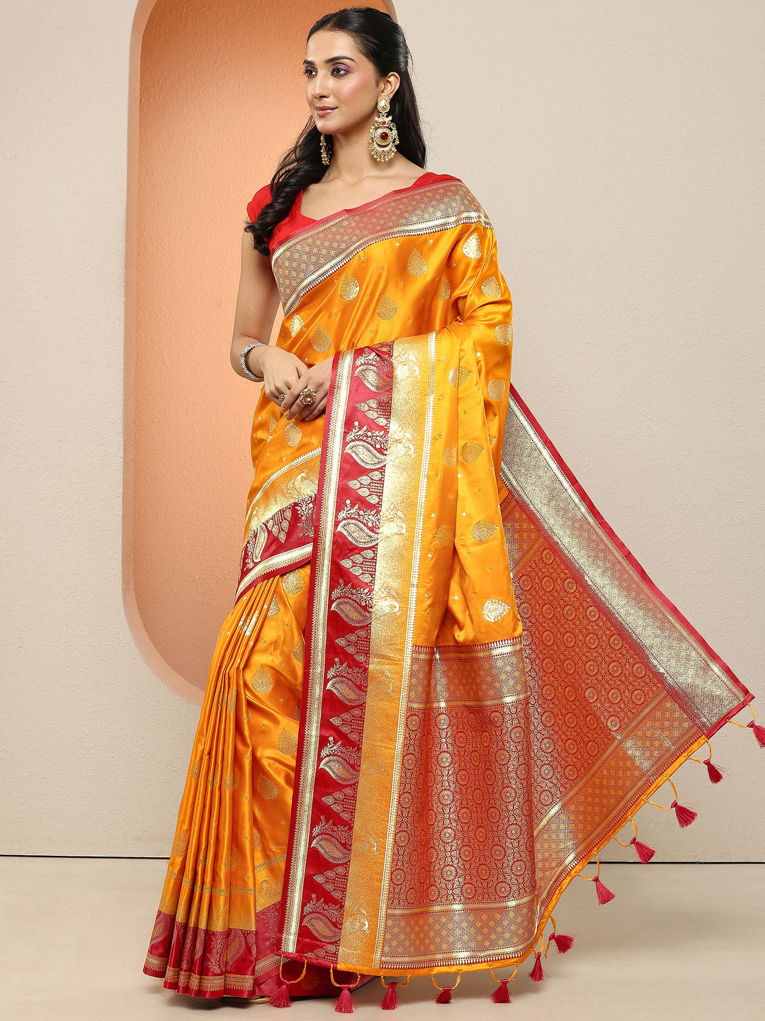 Mustard Woven Design Silk Blend Sarees With Unstitched Blouse Piece