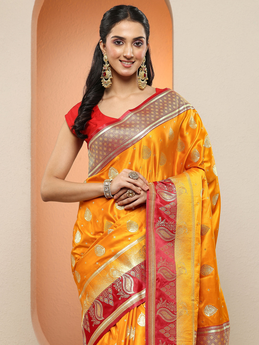 Mustard Woven Design Silk Blend Sarees With Unstitched Blouse Piece