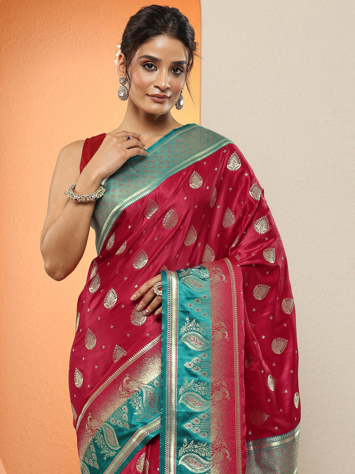 Red Woven Design Silk Blend Sarees With Unstitched Blouse Piece