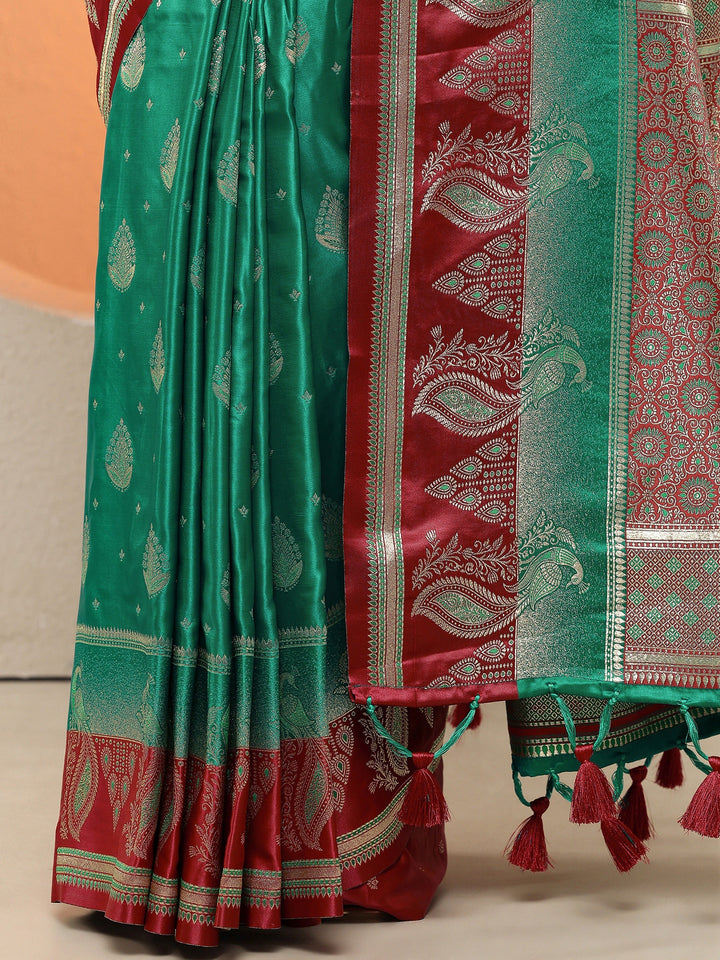 Green Woven Design Silk Blend Sarees With Unstitched Blouse Piece