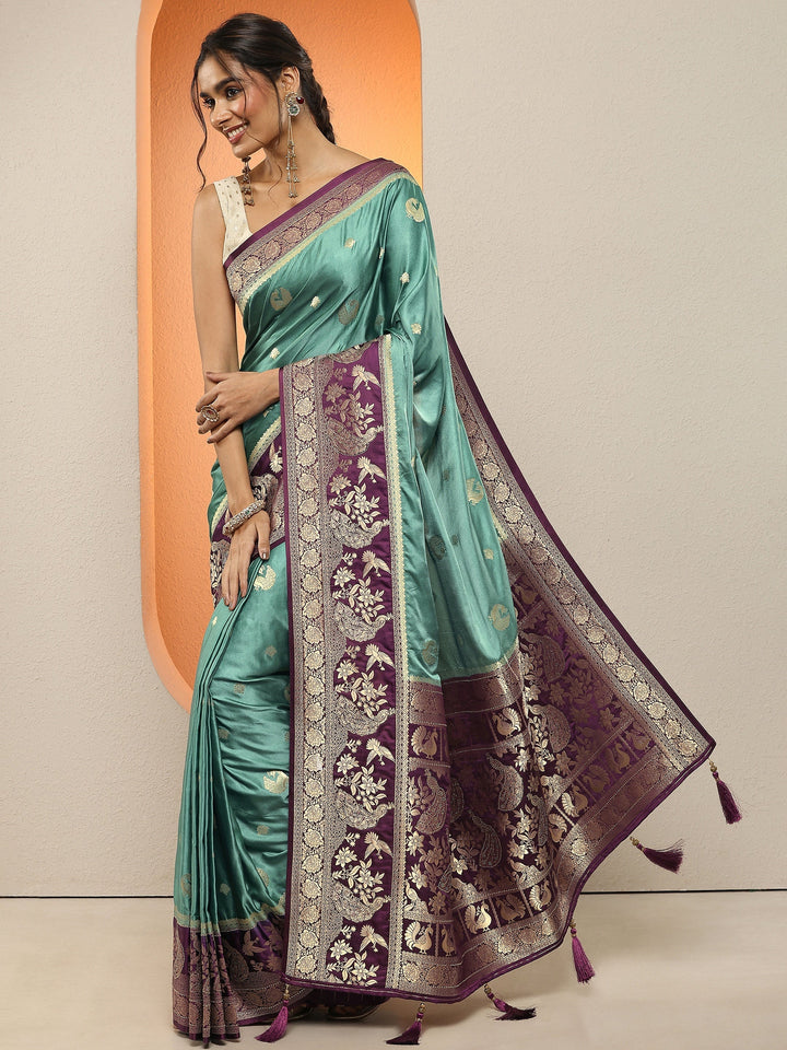Green Woven Design Silk Blend Sarees With Unstitched Blouse Piece