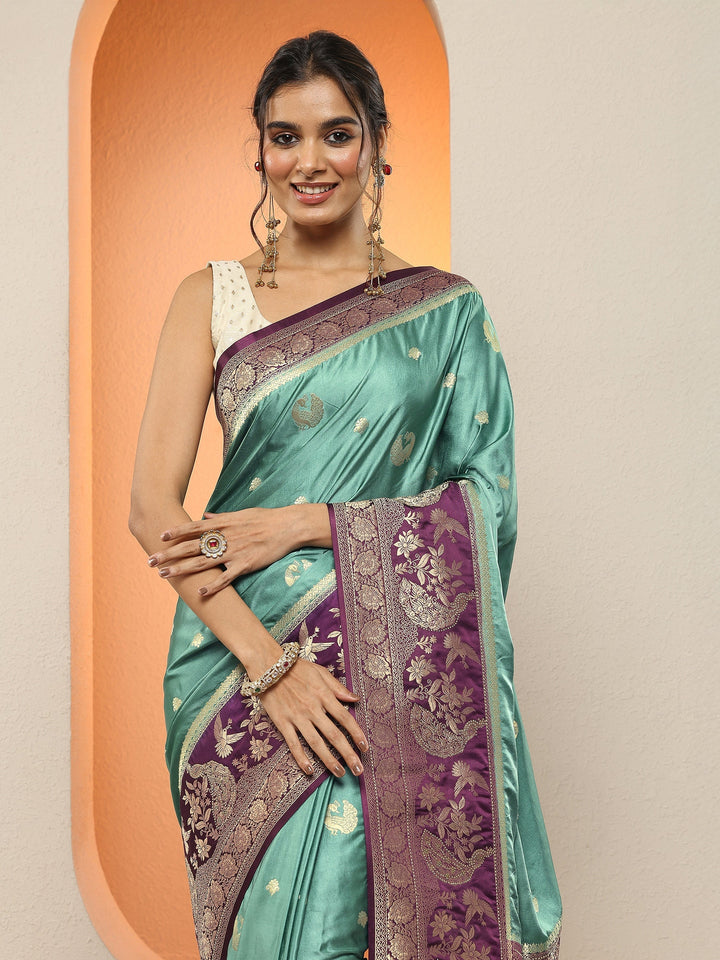 Green Woven Design Silk Blend Sarees With Unstitched Blouse Piece