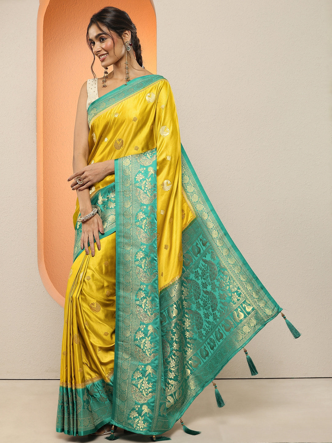 Mustard Woven Design Silk Blend Sarees With Unstitched Blouse Piece