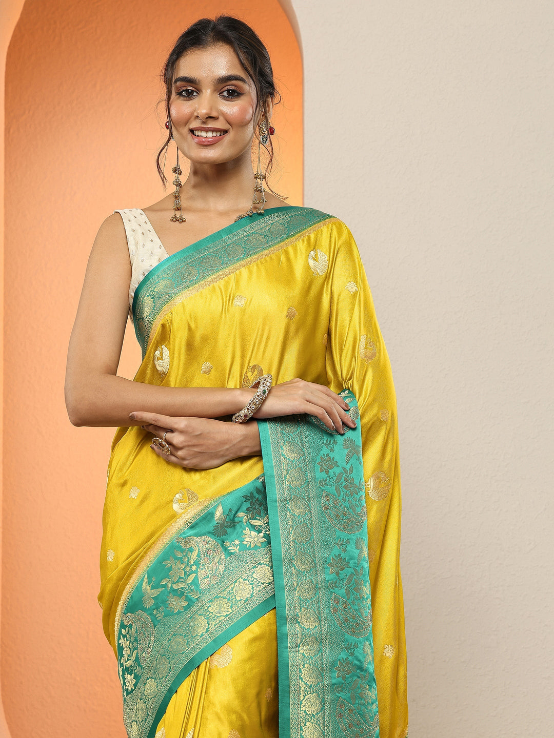 Mustard Woven Design Silk Blend Sarees With Unstitched Blouse Piece