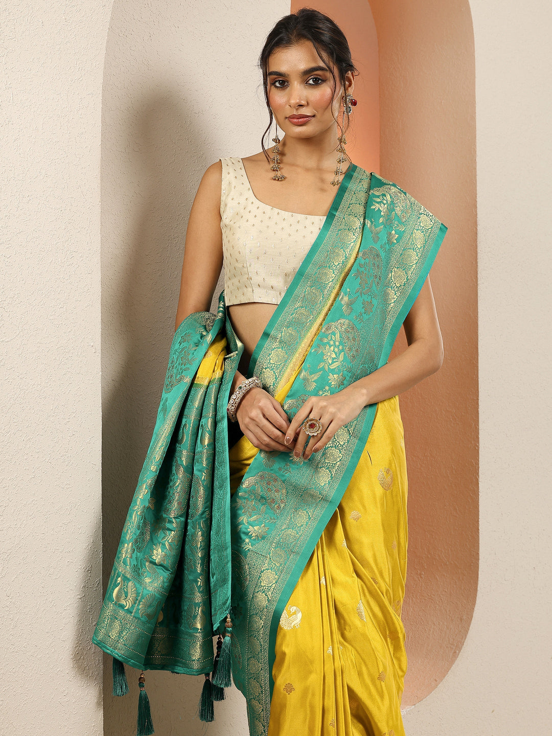 Mustard Woven Design Silk Blend Sarees With Unstitched Blouse Piece