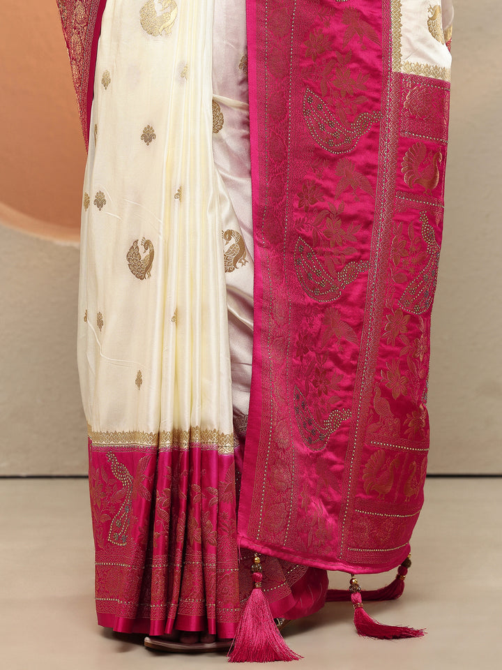 Off White Woven Design Silk Blend Sarees With Unstitched Blouse Piece