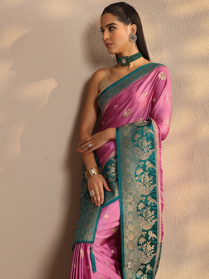 Pink Woven Design Silk Blend Banarasi Saree With Unstitched Blouse Piece