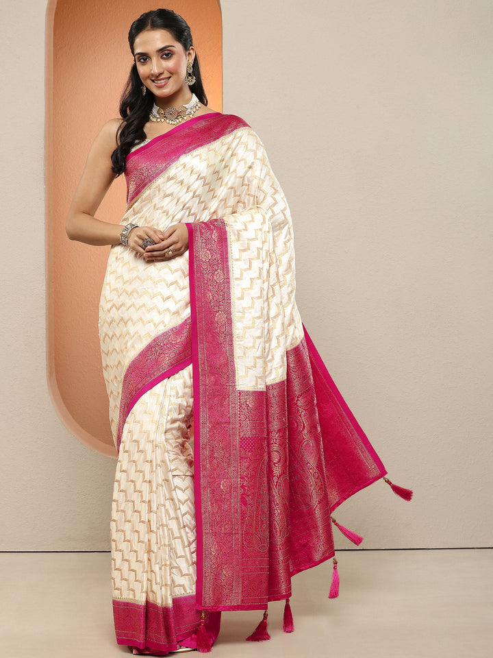 Off White Leheriya Woven Design Sarees With Unstitched Blouse Piece
