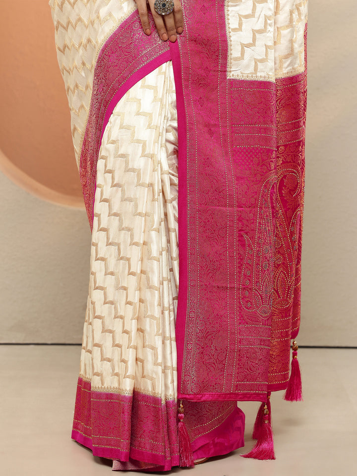 Off White Leheriya Woven Design Sarees With Unstitched Blouse Piece