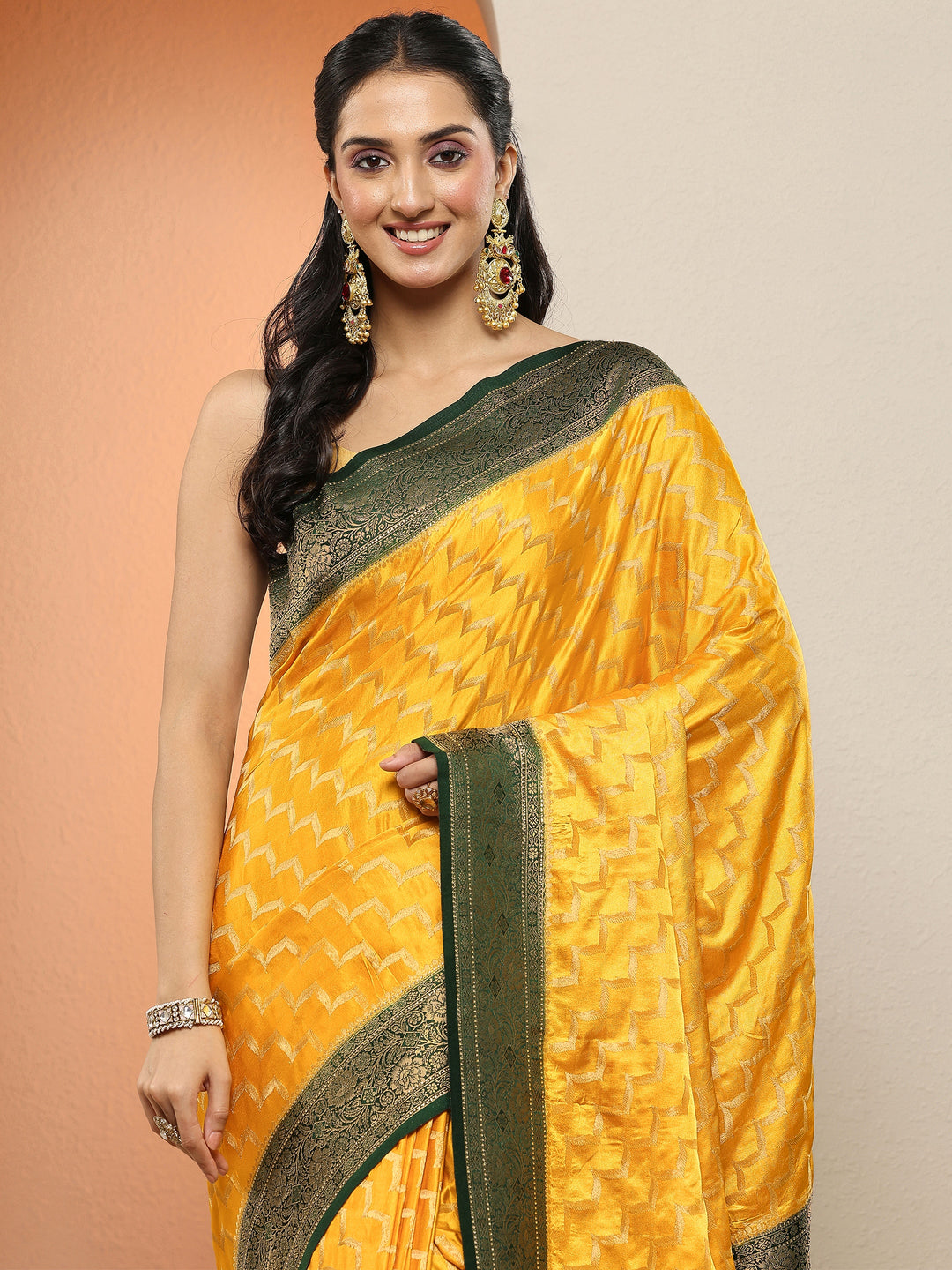 Mustard Leheriya Woven Design Sarees With Unstitched Blouse Piece