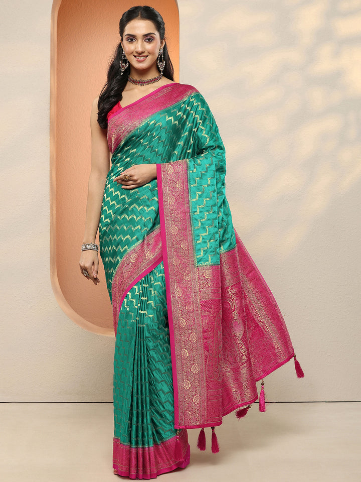 Green Leheriya Woven Design Sarees With Unstitched Blouse Piece