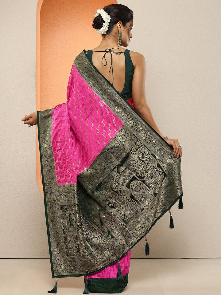 Pink Leheriya Woven Design Sarees With Unstitched Blouse Piece