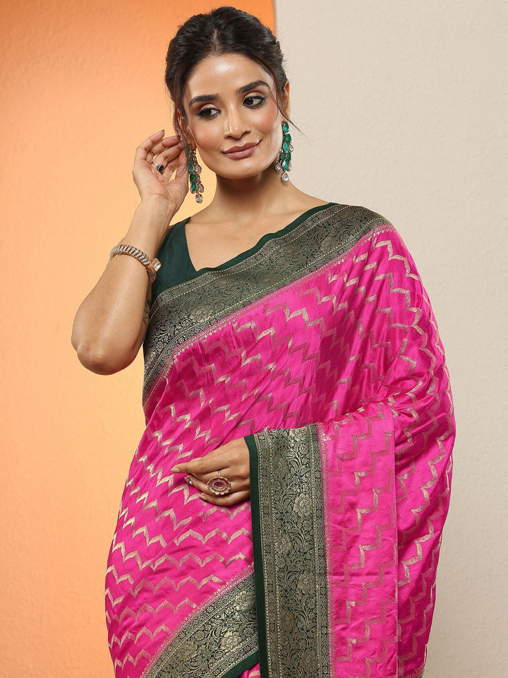 Pink Leheriya Woven Design Sarees With Unstitched Blouse Piece