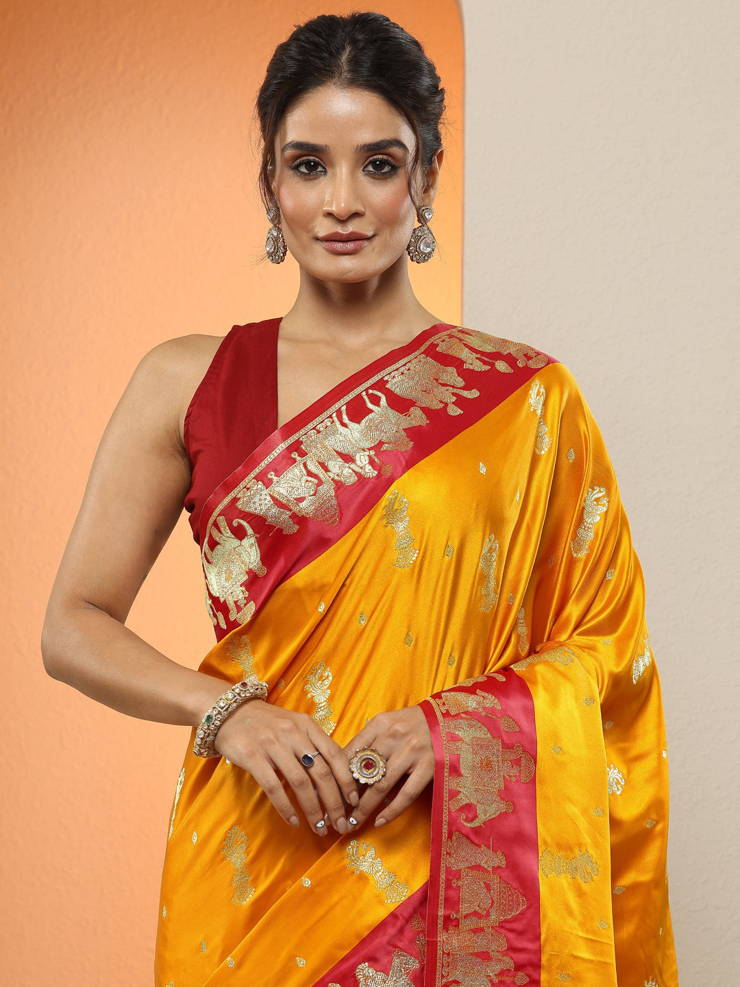 Mustard Woven Design Silk Blend Sarees With Unstitched Blouse Piece