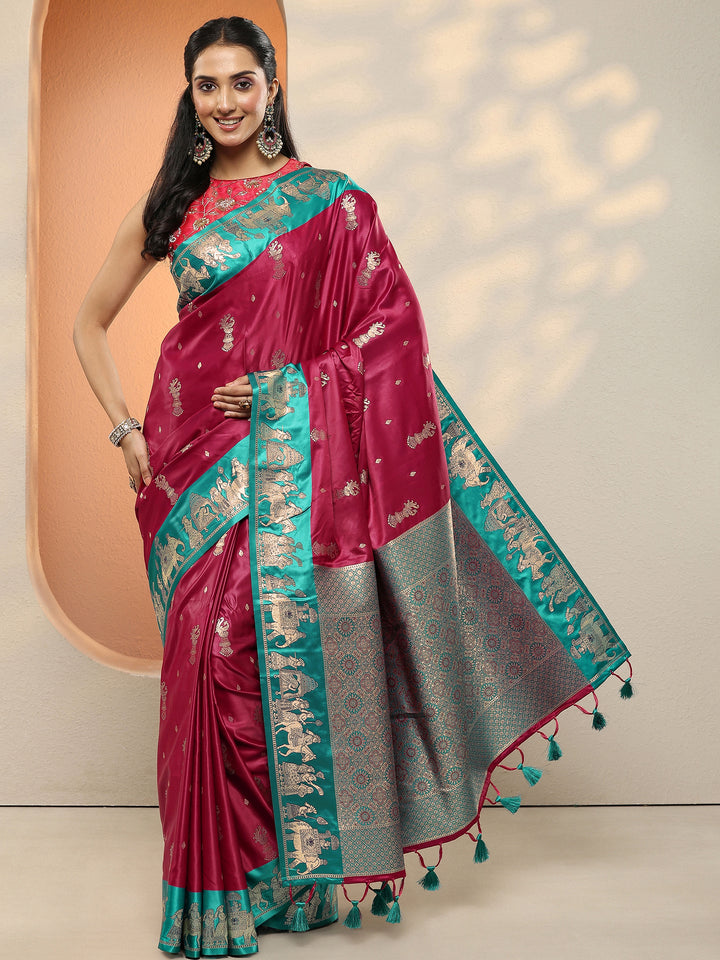 Maroon Woven Design Silk Blend Sarees With Unstitched Blouse Piece