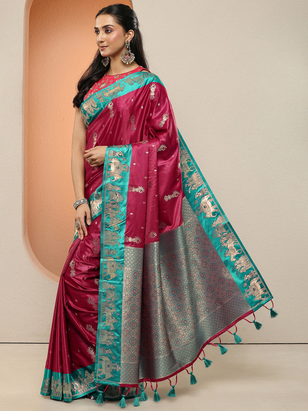 Maroon Woven Design Silk Blend Sarees With Unstitched Blouse Piece