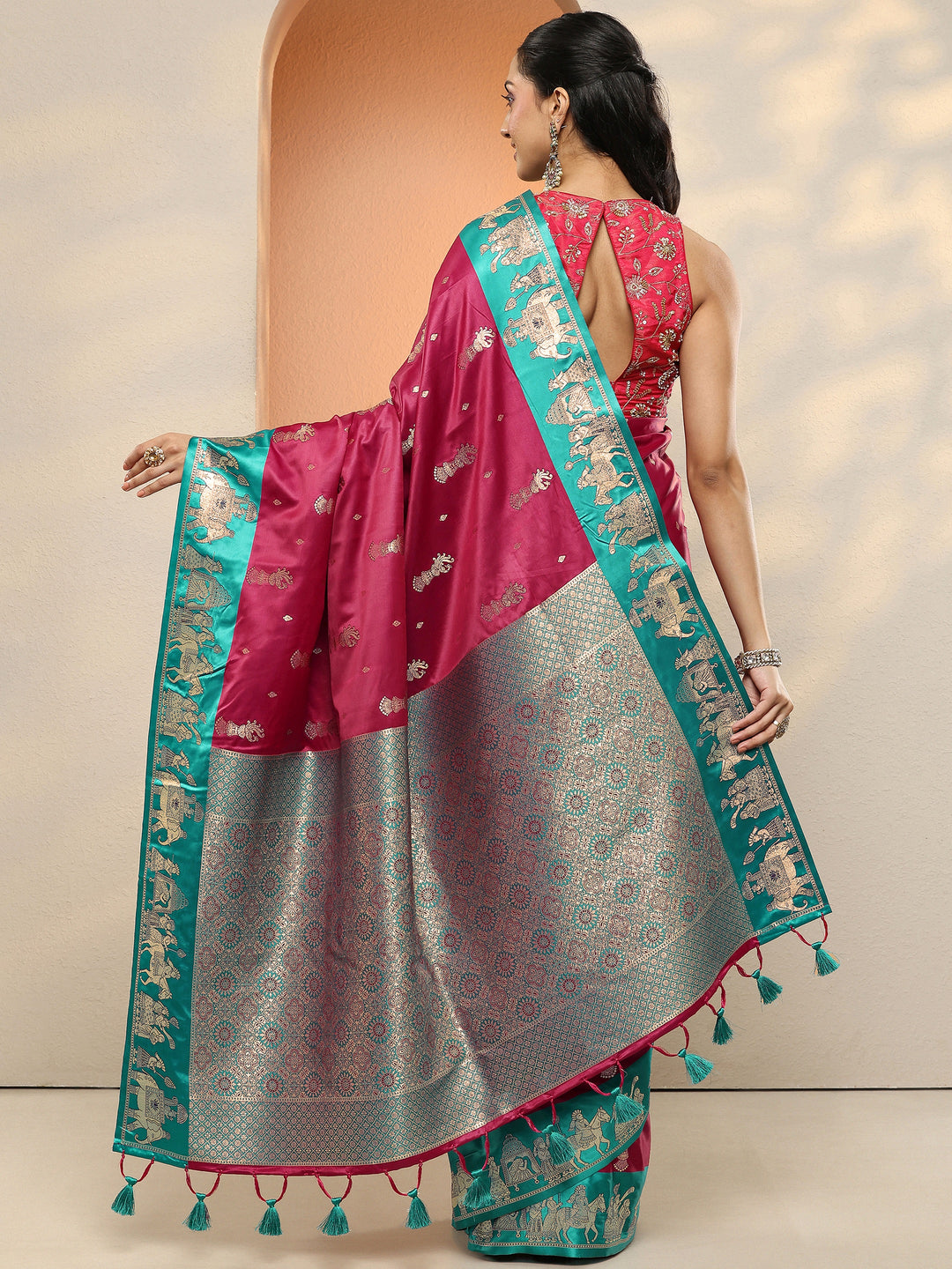 Maroon Woven Design Silk Blend Sarees With Unstitched Blouse Piece