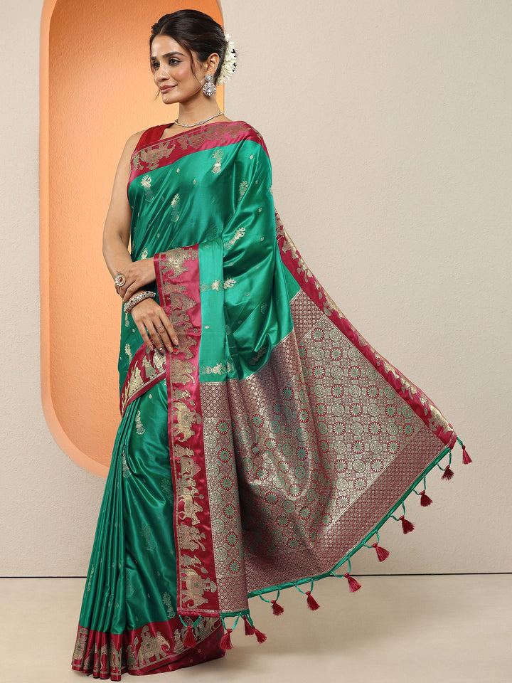 Green Woven Design Silk Blend Sarees With Unstitched Blouse Piece