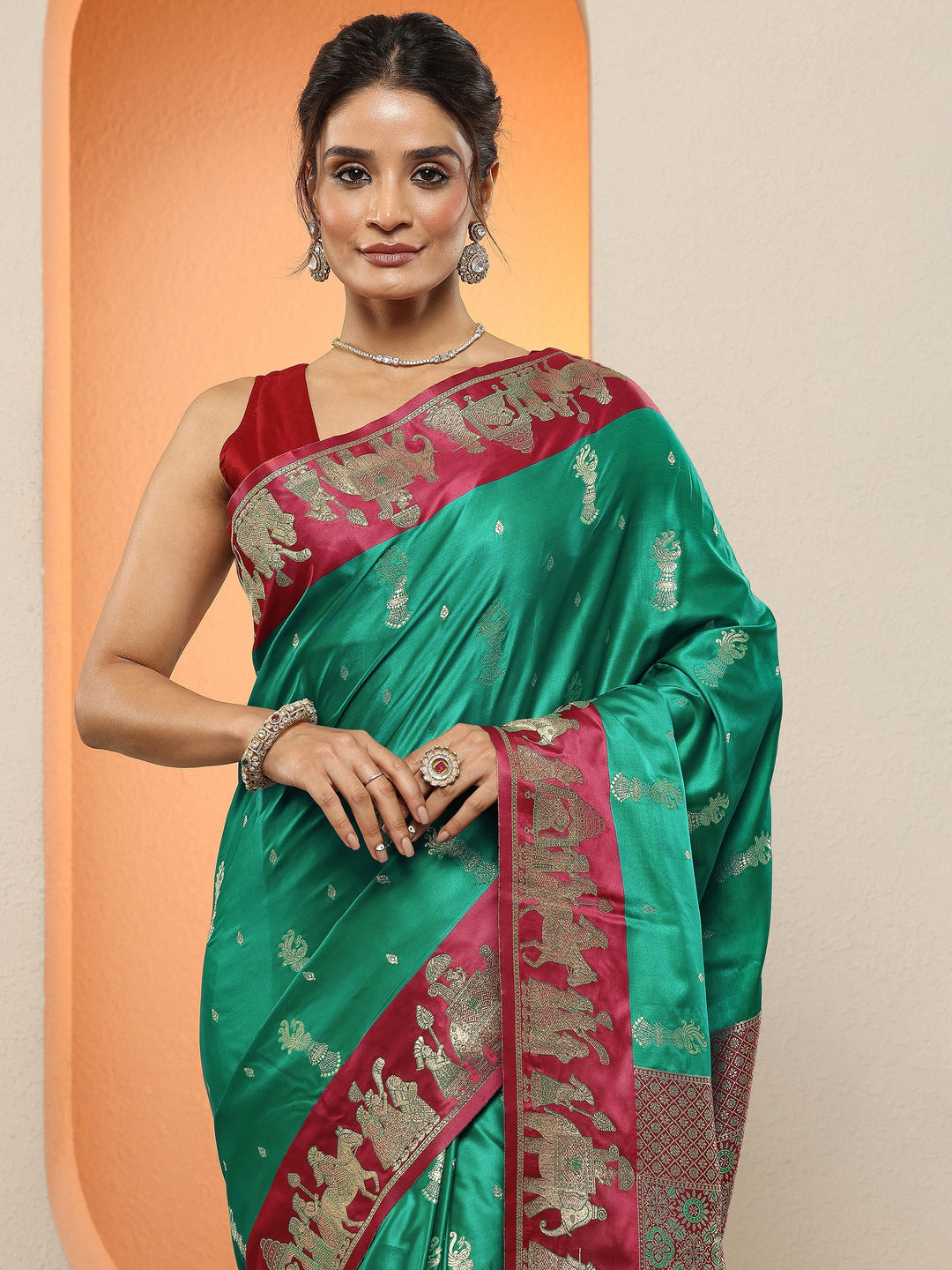 Green Woven Design Silk Blend Sarees With Unstitched Blouse Piece