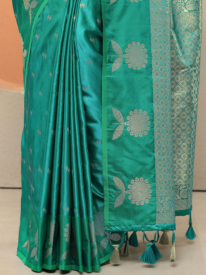 Green Woven Design Silk Blend Sarees With Unstitched Blouse Piece