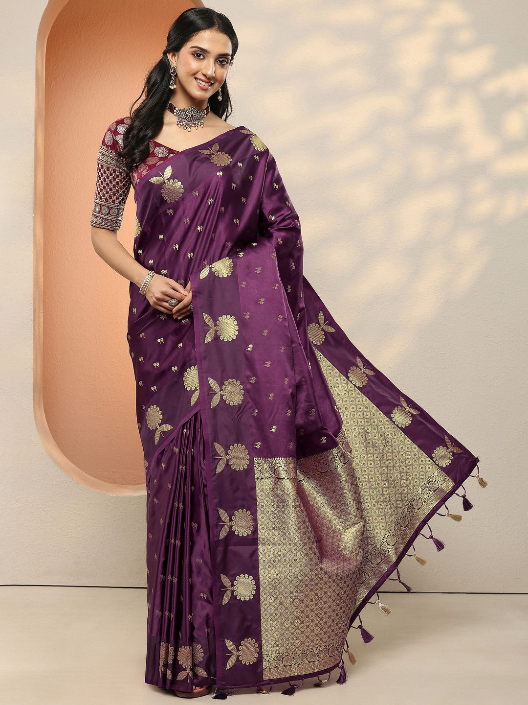 Burgundy Woven Design Silk Blend Sarees With Unstitched Blouse Piece