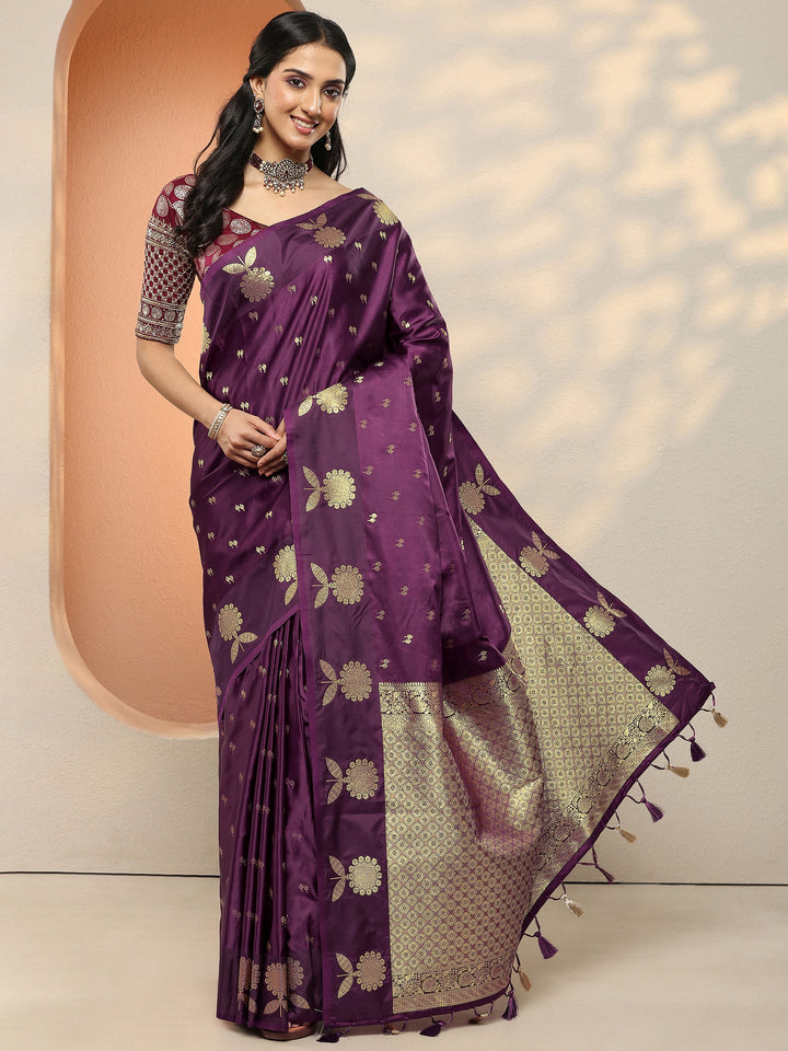 Burgundy Woven Design Silk Blend Sarees With Unstitched Blouse Piece