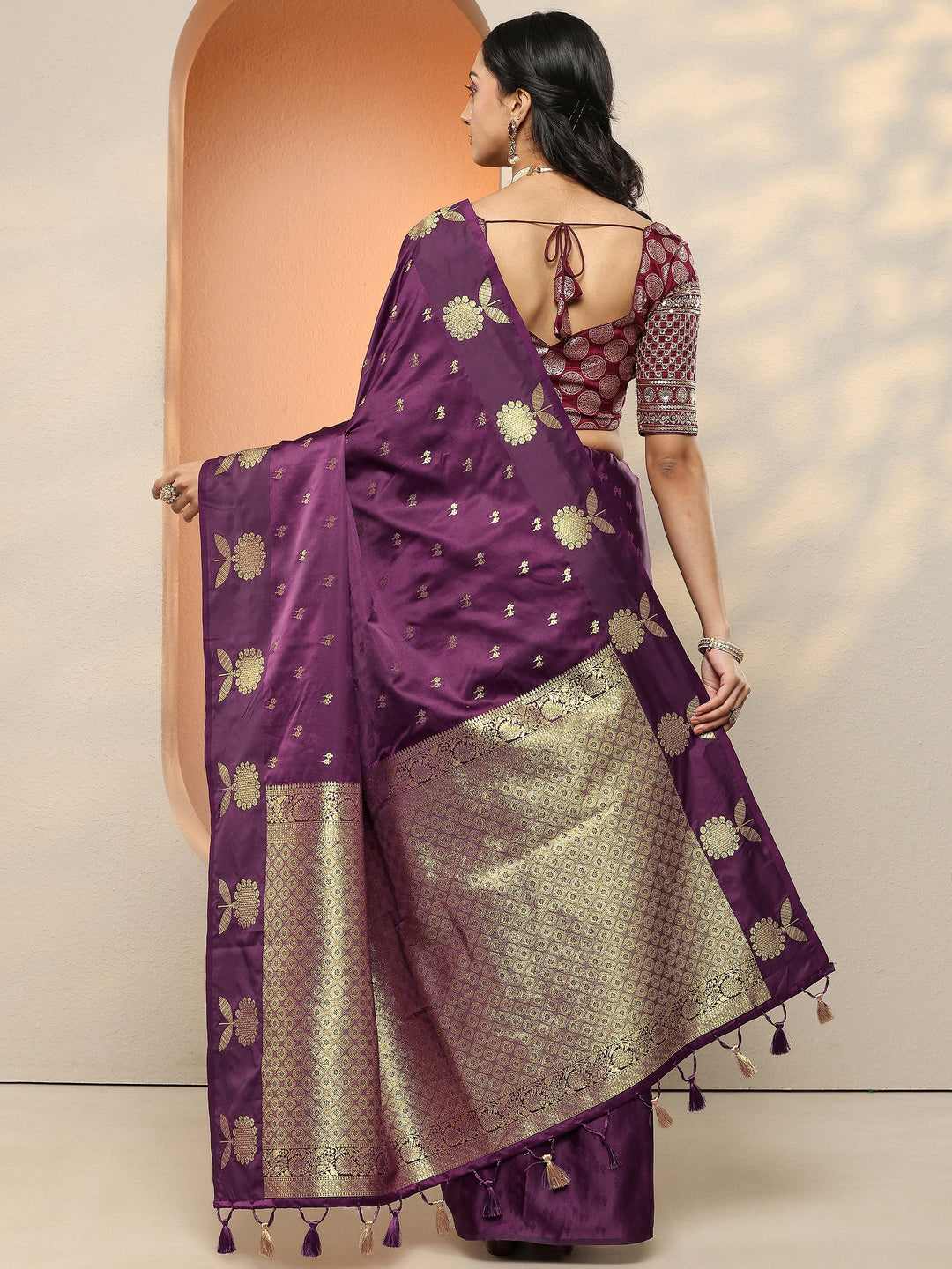 Burgundy Woven Design Silk Blend Sarees With Unstitched Blouse Piece