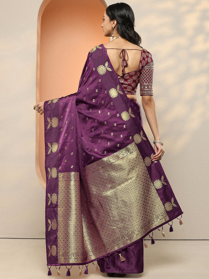 Burgundy Woven Design Silk Blend Sarees With Unstitched Blouse Piece