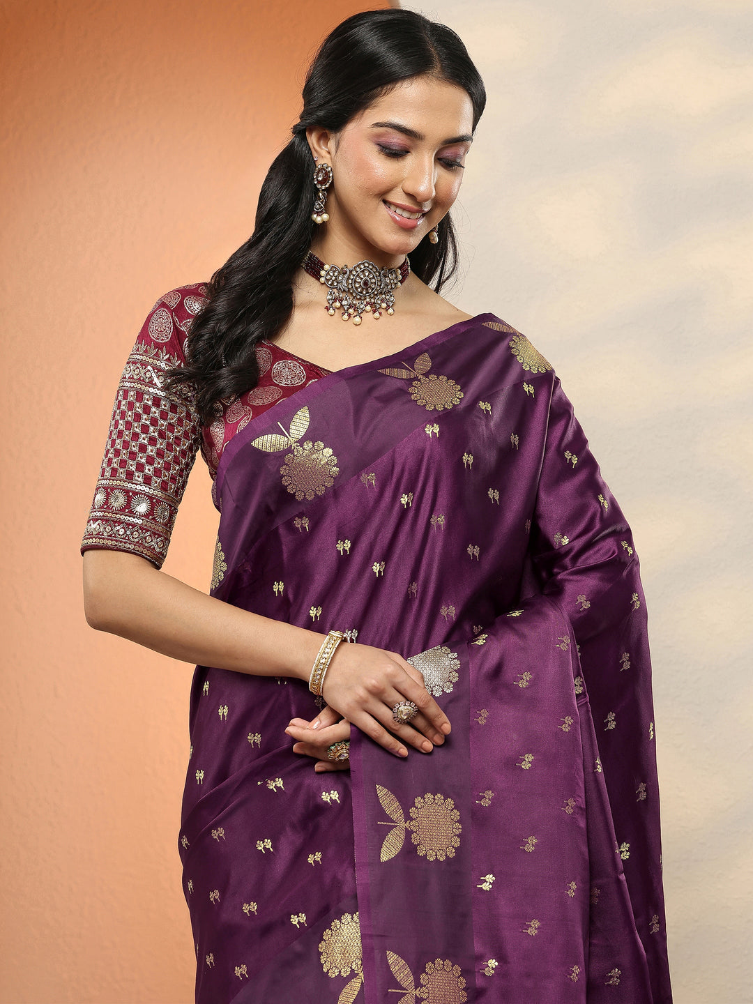 Burgundy Woven Design Silk Blend Sarees With Unstitched Blouse Piece