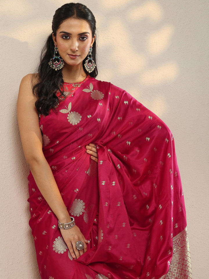 Red Woven Design Silk Blend Sarees With Unstitched Blouse Piece