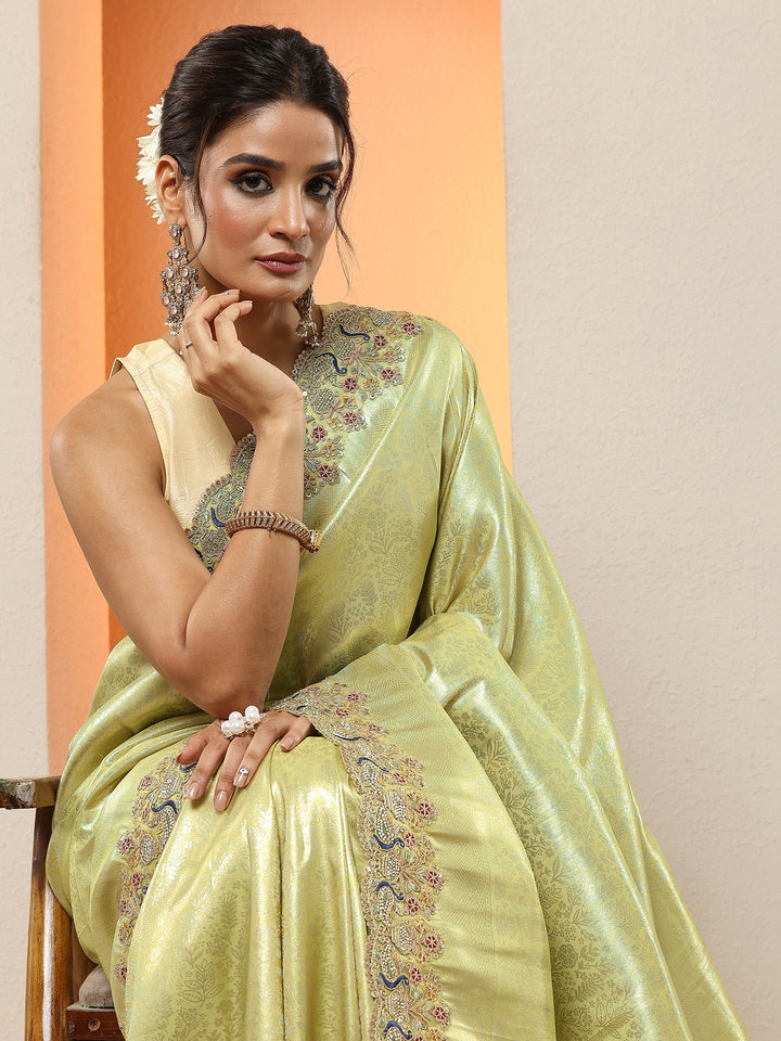 Green Woven Design Silk Blend Sarees With Unstitched Blouse Piece