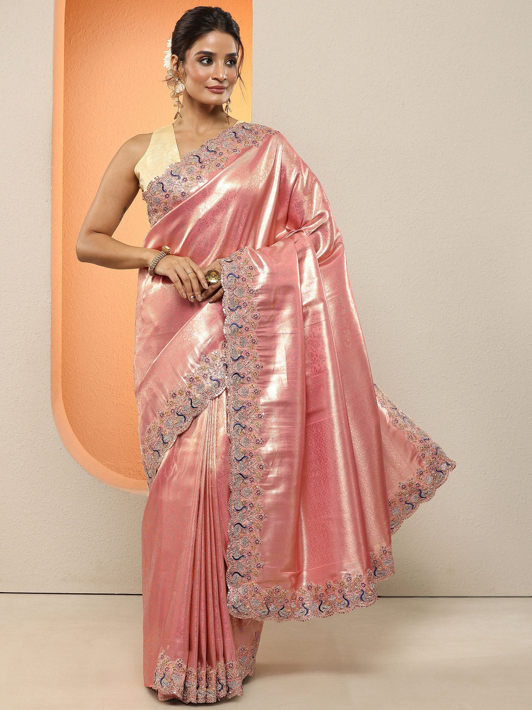Pink Woven Design Silk Blend Sarees With Unstitched Blouse Piece