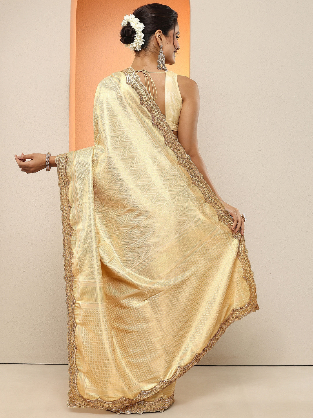Gold Woven Design Silk Blend Sarees With Unstitched Blouse Piece