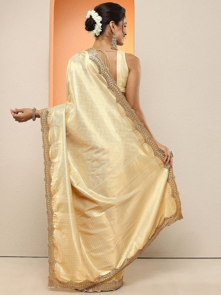 Gold Woven Design Silk Blend Sarees With Unstitched Blouse Piece