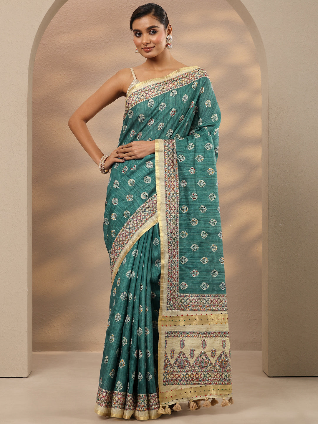 Green Printed Silk Blend Saree With Unstitched Blouse Piece