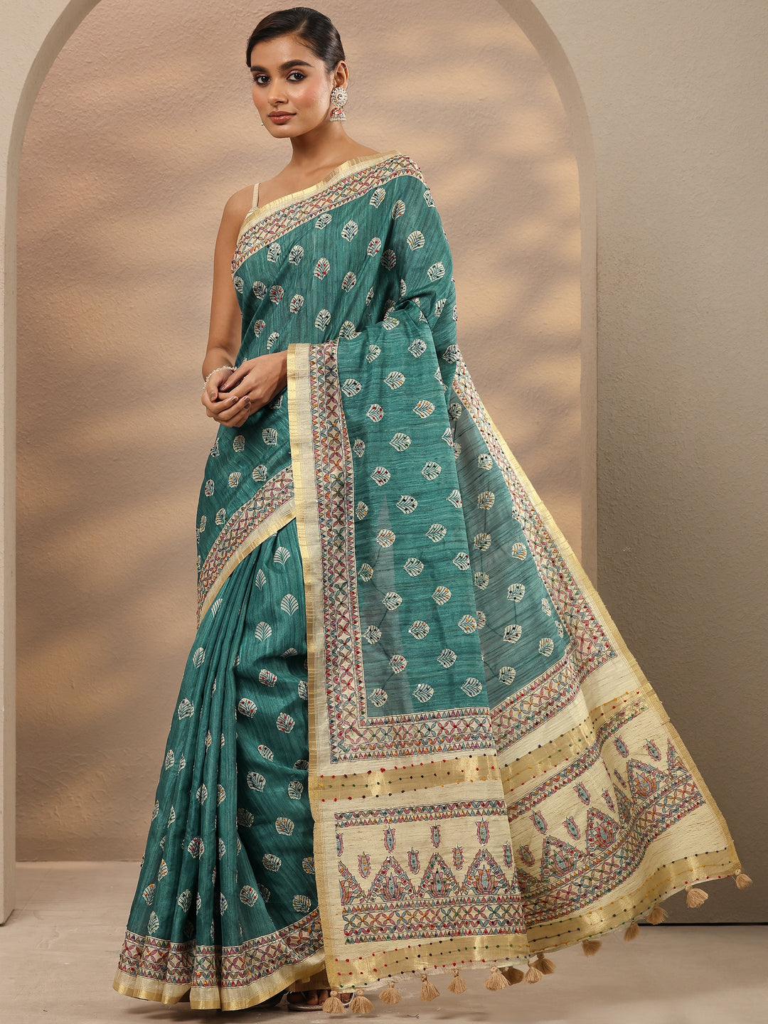 Green Printed Silk Blend Saree With Unstitched Blouse Piece