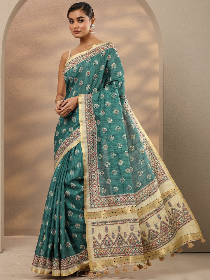 Green Printed Silk Blend Saree With Unstitched Blouse Piece