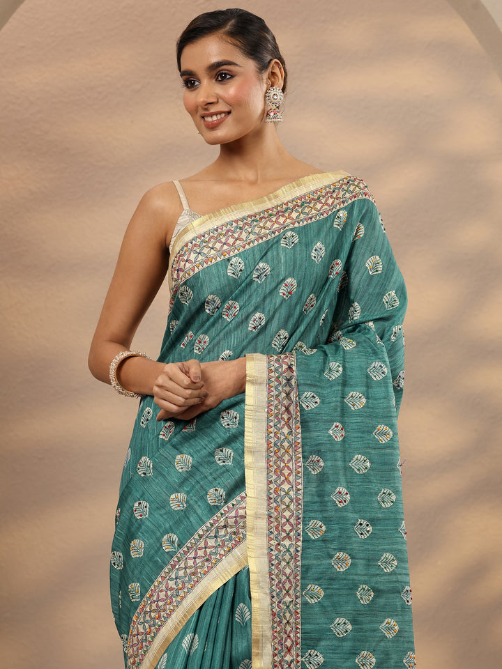 Green Printed Silk Blend Saree With Unstitched Blouse Piece