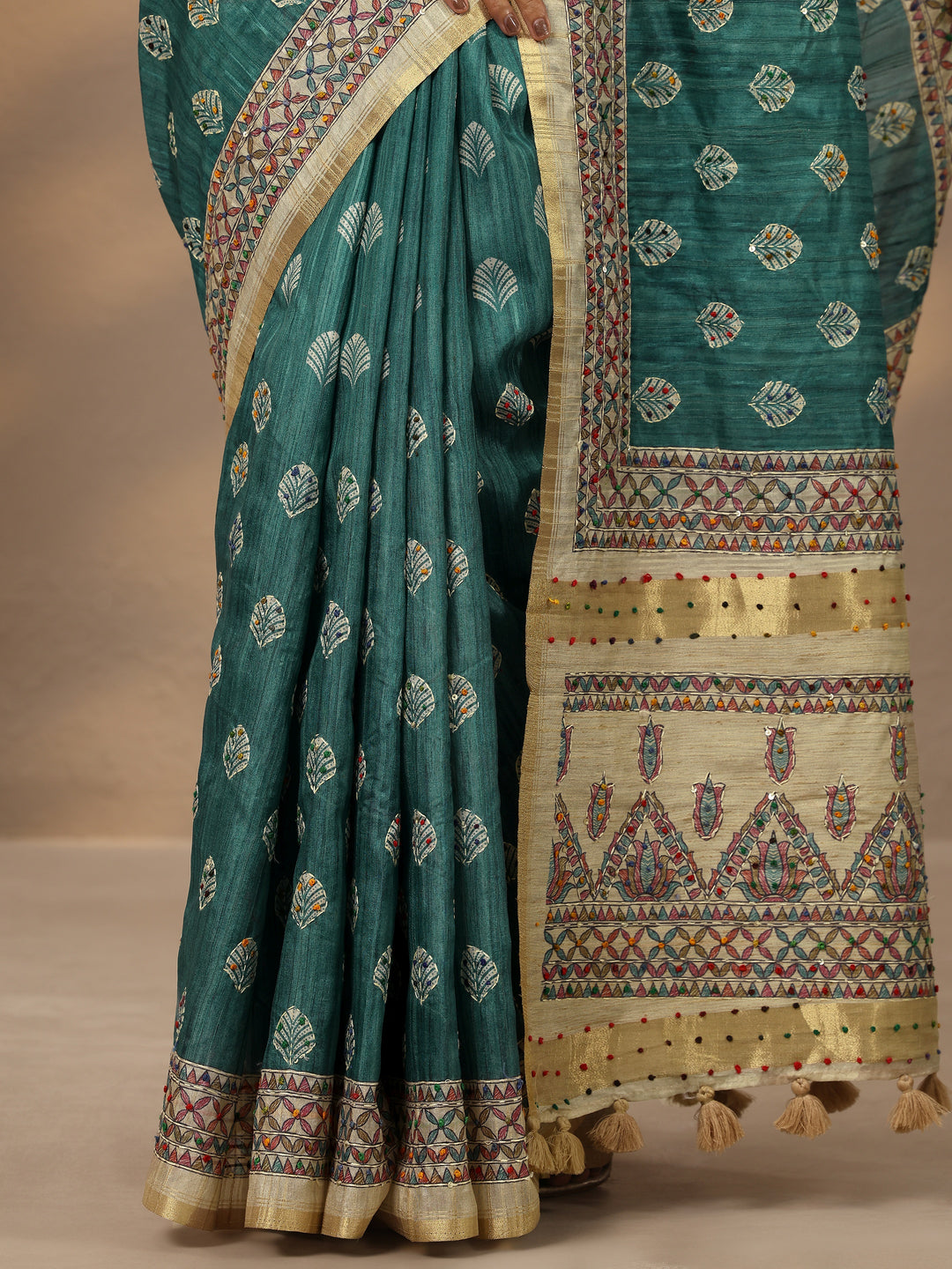 Green Printed Silk Blend Saree With Unstitched Blouse Piece