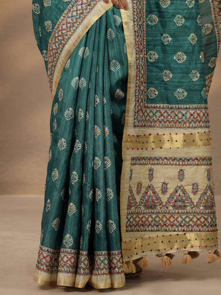 Green Printed Silk Blend Saree With Unstitched Blouse Piece