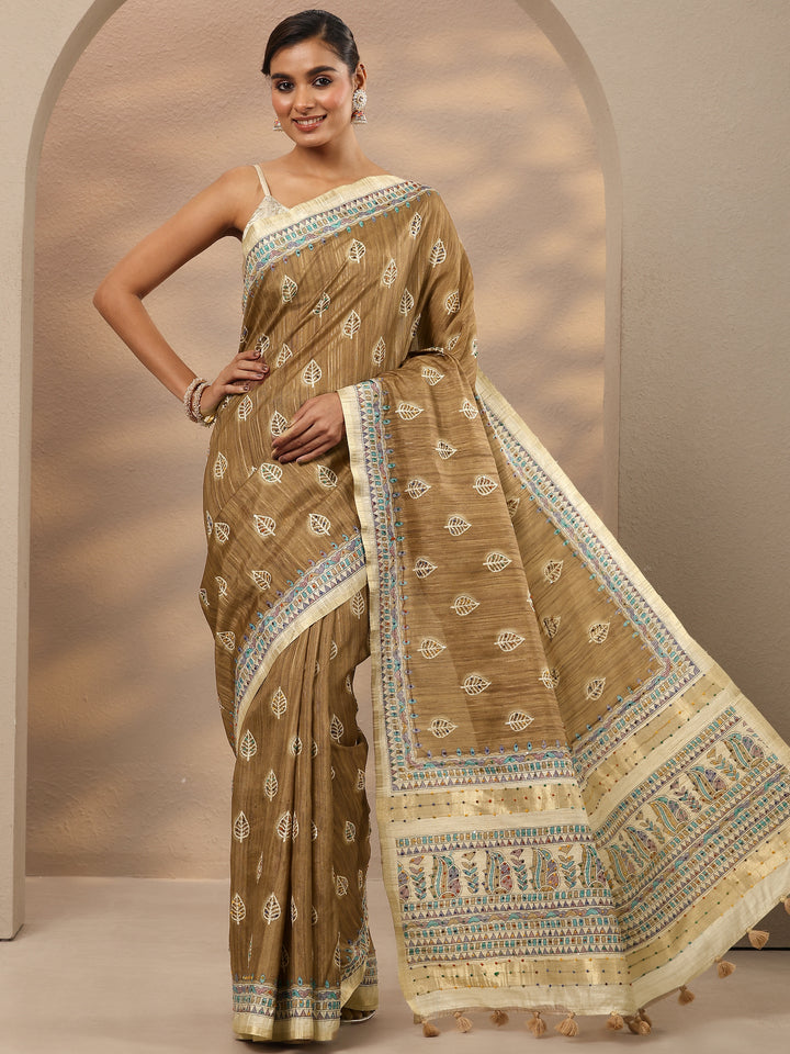 Brown Printed Silk Blend Saree With Unstitched Blouse Piece