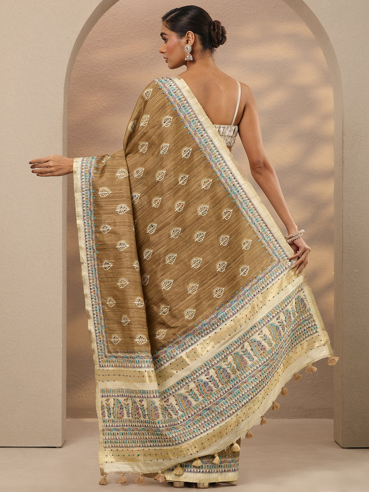 Brown Printed Silk Blend Saree With Unstitched Blouse Piece