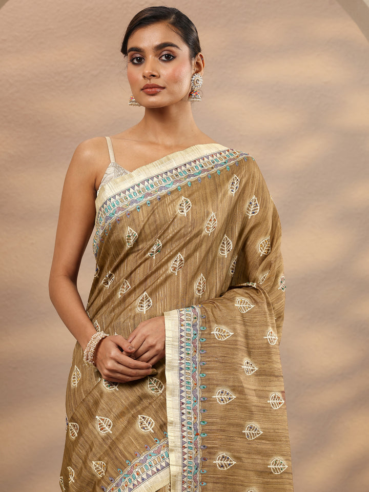 Brown Printed Silk Blend Saree With Unstitched Blouse Piece