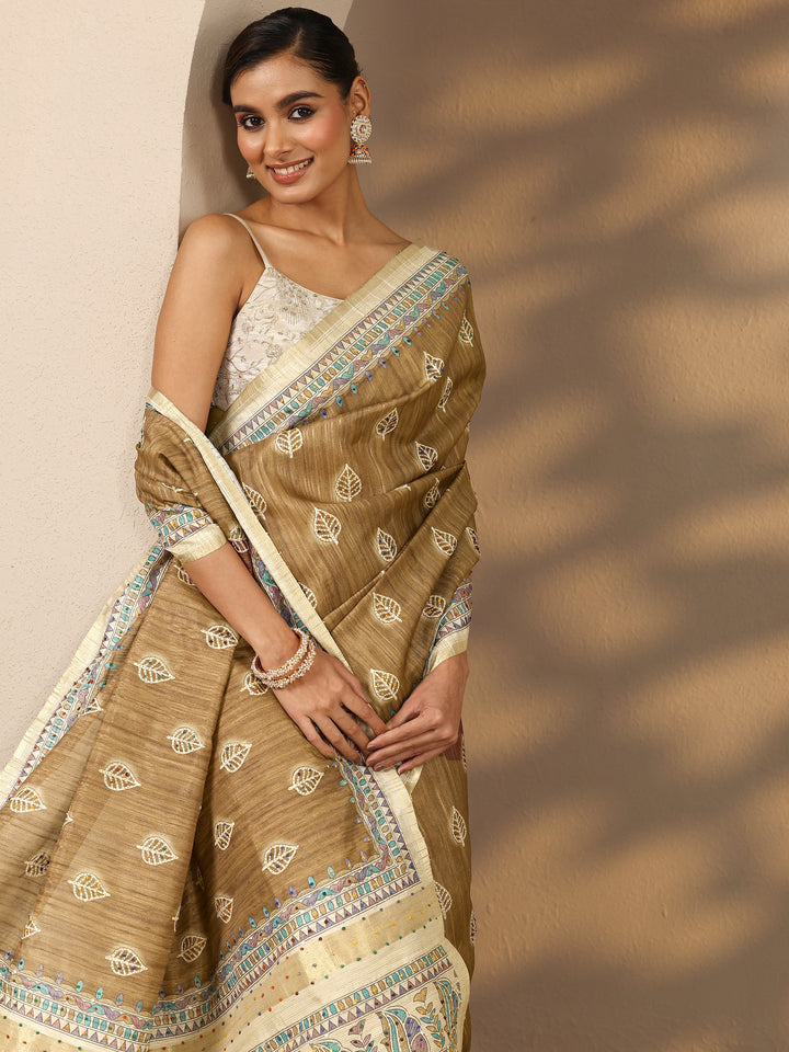 Brown Printed Silk Blend Saree With Unstitched Blouse Piece