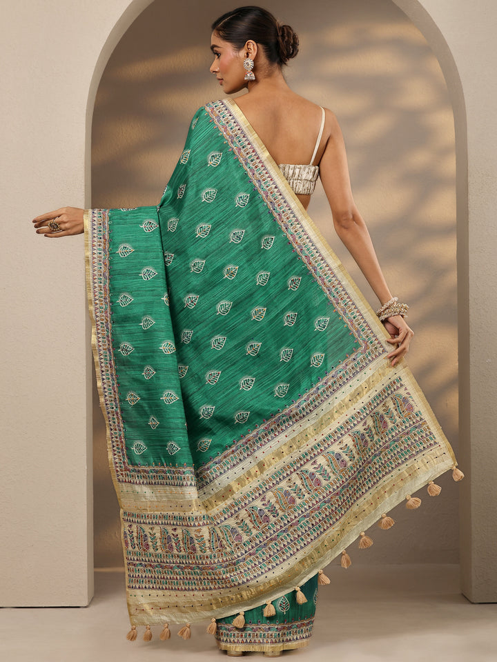 Green Printed Silk Blend Saree With Unstitched Blouse Piece