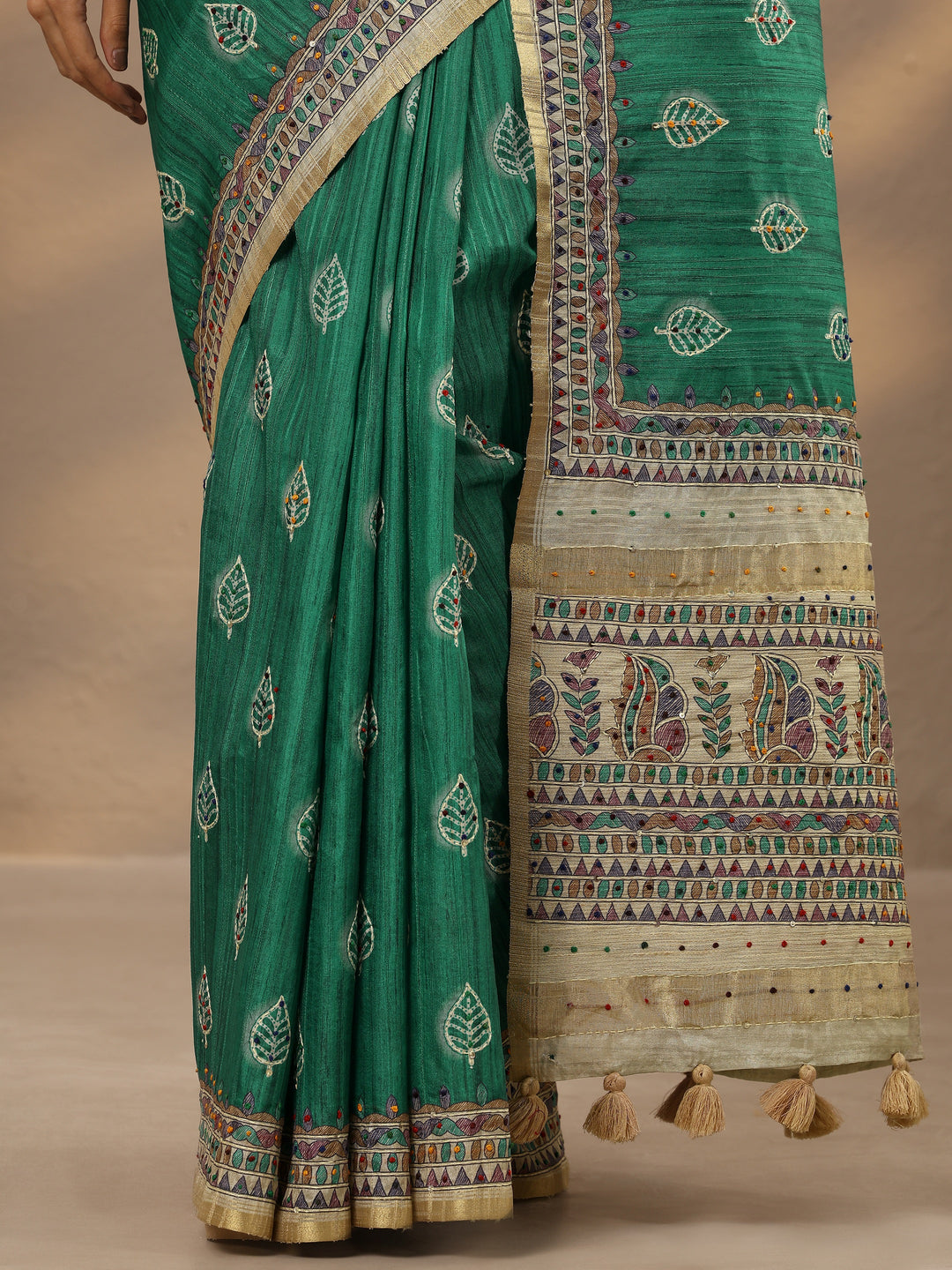 Green Printed Silk Blend Saree With Unstitched Blouse Piece