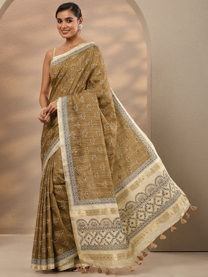 Brown Printed Silk Blend Saree With Unstitched Blouse Piece