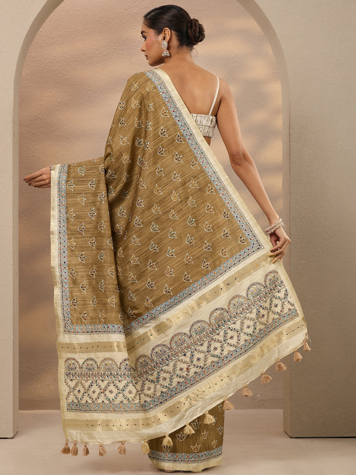 Brown Printed Silk Blend Saree With Unstitched Blouse Piece