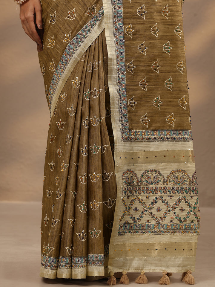 Brown Printed Silk Blend Saree With Unstitched Blouse Piece