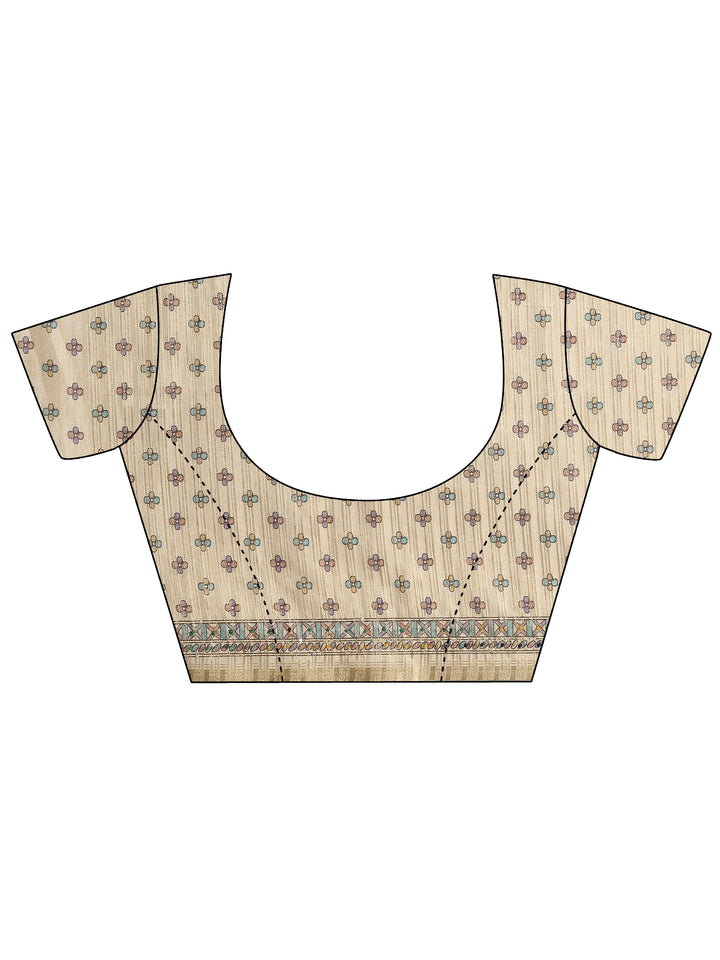 Brown Printed Silk Blend Saree With Unstitched Blouse Piece